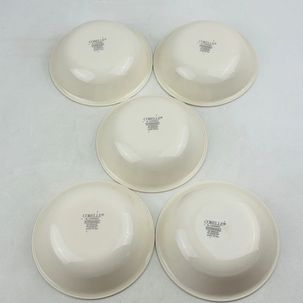 Corelle English Breakfast 5 Dessert Bowl Set‎ Blue Pink Rim Band Fruit Sauce